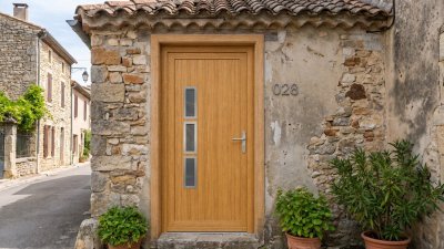 Porte d'entrée bois modèle 028 sur mesure — photo d'ambiance, chêne verni