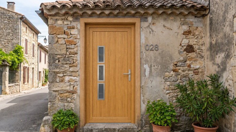 Porte d'entrée bois modèle 028 sur mesure — photo d'ambiance, chêne verni