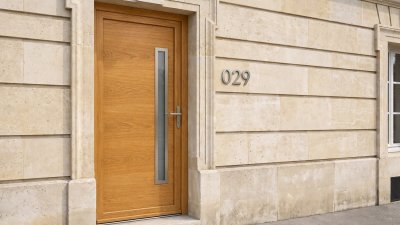 Porte d'entrée bois modèle 029 sur mesure — photo d'ambiance, chêne verni