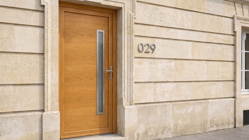 Porte d'entrée bois modèle 029 sur mesure — photo d'ambiance, chêne verni