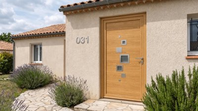 Porte d'Entrée Bois Sur Mesure – Semi-Vitrée Design, Cascade de Carrés