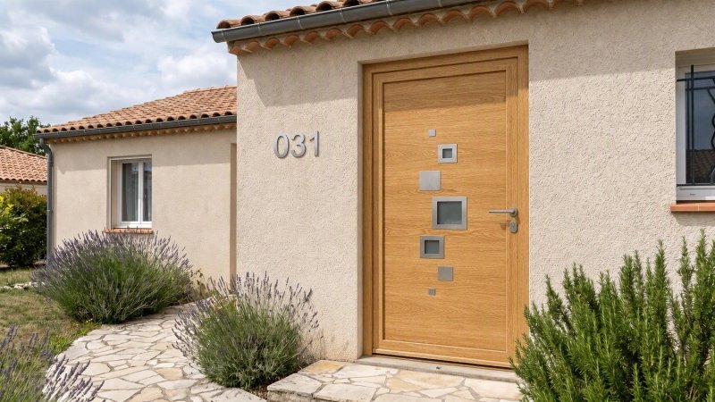 Porte d'entrée bois modèle 031 sur mesure — photo d'ambiance, chêne verni
