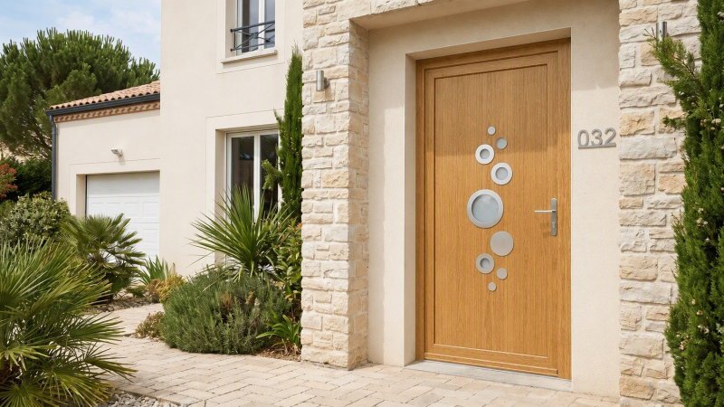 Porte d'entrée bois modèle 032 sur mesure — photo d'ambiance, chêne verni