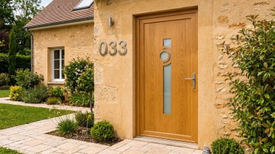 Porte d'Entrée Bois Sur Mesure – Semi-Vitrée Moderne, Long Vitrage et Hublot