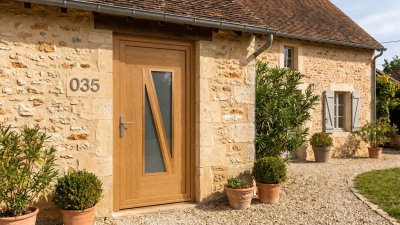 Porte d'entrée bois modèle 035 sur mesure — photo d'ambiance, chêne verni