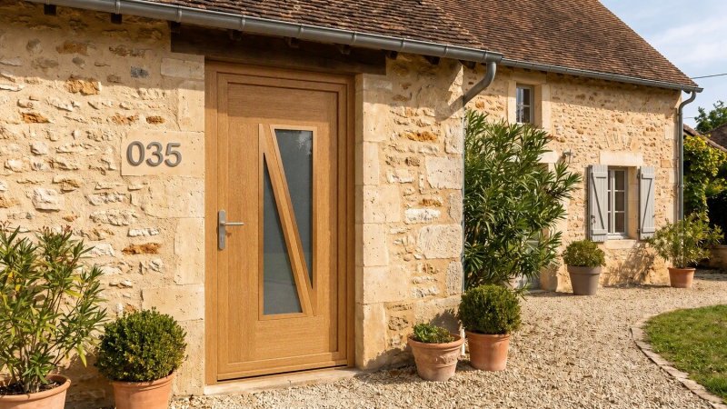 Porte d'entrée bois modèle 035 sur mesure — photo d'ambiance, chêne verni