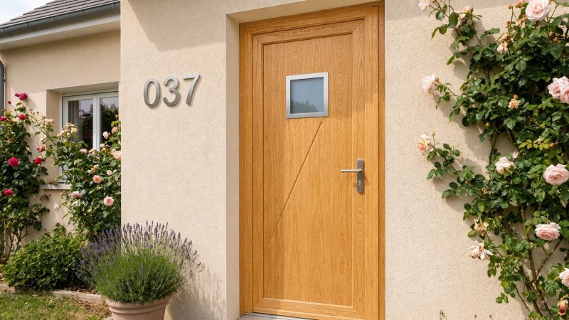 Porte d'entrée bois modèle 037 sur mesure — photo d'ambiance, chêne verni