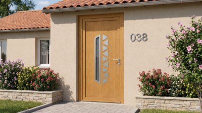 Porte d'entrée bois modèle 038 sur mesure — photo d'ambiance, chêne verni