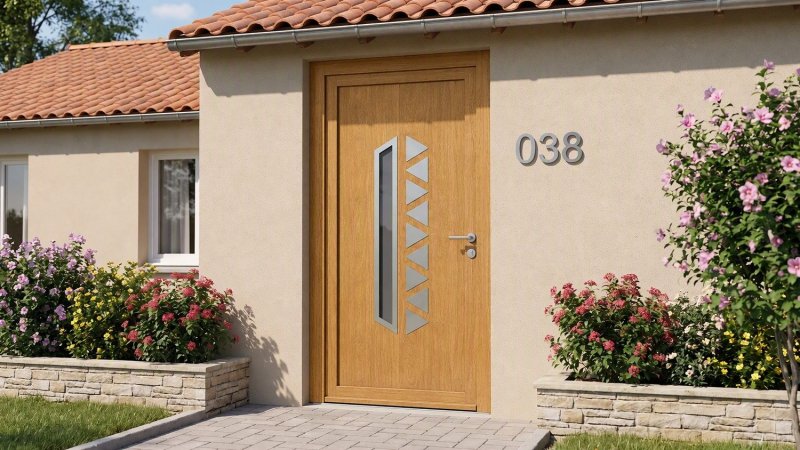 Porte d'entrée bois modèle 038 sur mesure — photo d'ambiance, chêne verni