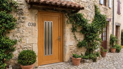 Porte d'entrée bois modèle 039 sur mesure — photo d'ambiance, chêne verni