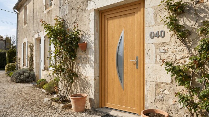 Porte d'entrée bois modèle 040 sur mesure — photo d'ambiance, chêne verni