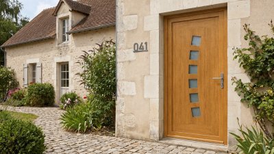 Porte d'entrée bois modèle 041 sur mesure — photo d'ambiance, chêne verni