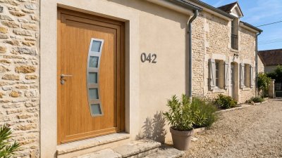 Porte d'entrée bois modèle 042 sur mesure — photo d'ambiance, chêne verni