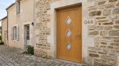 Porte d'entrée bois modèle 044 sur mesure — photo d'ambiance, chêne verni