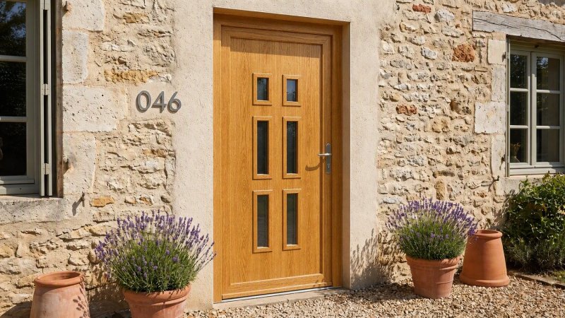 Porte d'entrée bois modèle 046 sur mesure — photo d'ambiance, chêne verni