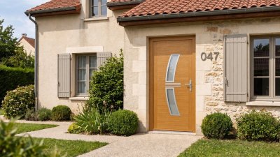 Porte d'entrée bois modèle 047 sur mesure — photo d'ambiance, chêne verni