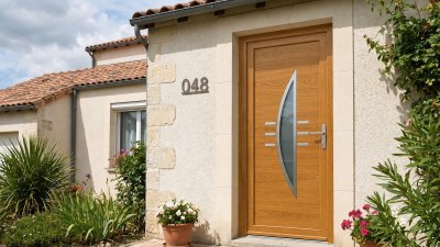 Porte d'entrée bois modèle 048 sur mesure — photo d'ambiance, chêne verni