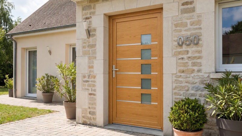 Porte d'entrée bois modèle 050 sur mesure — photo d'ambiance, chêne verni
