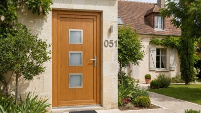 Porte d'entrée bois modèle 051 sur mesure — photo d'ambiance, chêne verni