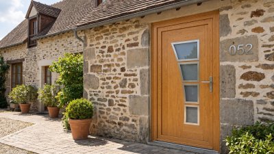 Porte d'entrée bois modèle 052 sur mesure — photo d'ambiance, chêne verni