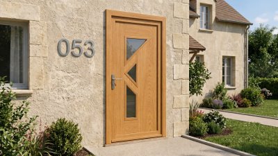 Porte d'entrée bois modèle 053 sur mesure — photo d'ambiance, chêne verni