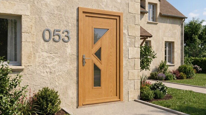 Porte d'entrée bois modèle 053 sur mesure — photo d'ambiance, chêne verni