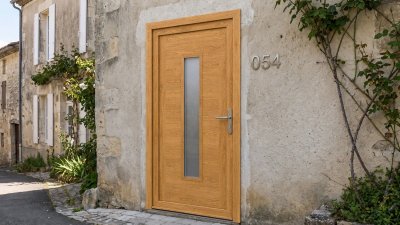 Porte d'entrée bois modèle 054 sur mesure — photo d'ambiance, chêne verni