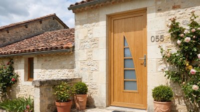 Porte d'entrée bois modèle 055 sur mesure — photo d'ambiance, chêne verni