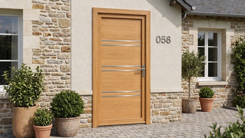 Porte d'entrée bois modèle 058 sur mesure — photo d'ambiance, chêne verni