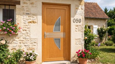 Porte d'entrée bois modèle 059 sur mesure — photo d'ambiance, chêne verni