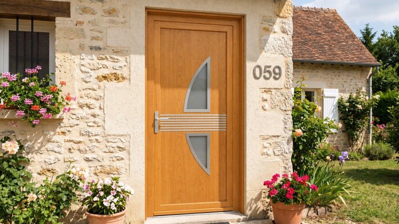 Porte d'entrée bois modèle 059 sur mesure — photo d'ambiance, chêne verni
