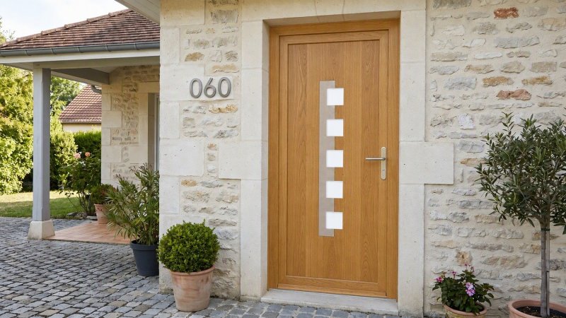Porte d'entrée bois modèle 060 sur mesure — photo d'ambiance, chêne verni