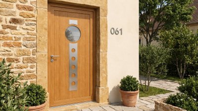 Porte d'Entrée Bois Sur Mesure – Semi-Vitrée Design, Hublot et Bande Percée