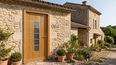 Porte d'entrée bois modèle 064 sur mesure — photo d'ambiance, chêne verni