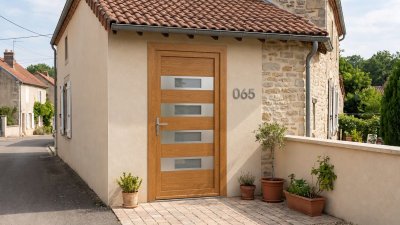 Porte d'Entrée Bois Sur Mesure – Semi-Vitrée Moderne, 4 Bandeaux Vitrés