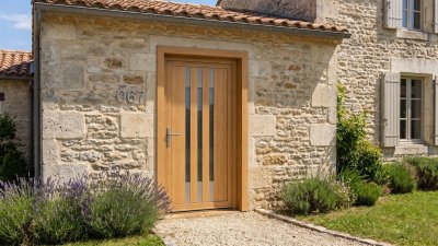 Porte d'Entrée Bois Sur Mesure – Semi-Vitrée Moderne, 3 Bandes Fendues