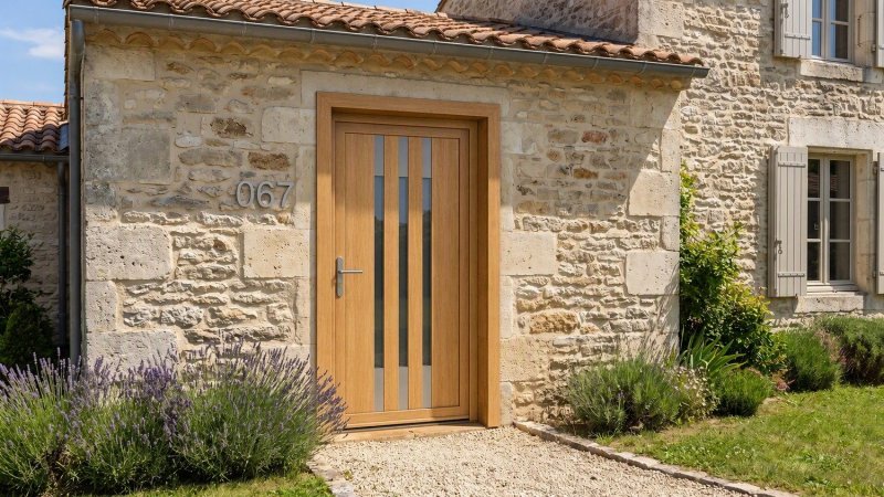 Porte d'entrée bois modèle 067 sur mesure — photo d'ambiance, chêne verni