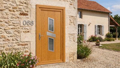 Porte d'Entrée Bois Sur Mesure – Semi-Vitrée Design, 2 Vitrages et Plaque Inclinée