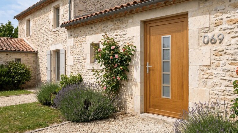 Porte d'entrée bois modèle 069 sur mesure — photo d'ambiance, chêne verni