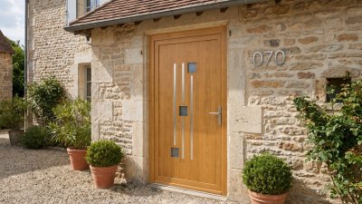Porte d'Entrée Bois Sur Mesure – Semi-Vitrée Design, 3 Carreaux et Fines Lignes