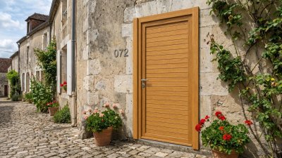 Porte d'entrée bois modèle 072 sur mesure — photo d'ambiance, chêne verni