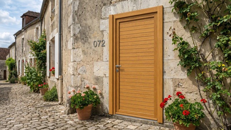 Porte d'entrée bois modèle 072 sur mesure — photo d'ambiance, chêne verni