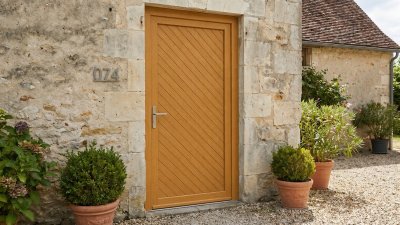 Porte d'entrée bois modèle 074 sur mesure — photo d'ambiance, chêne verni