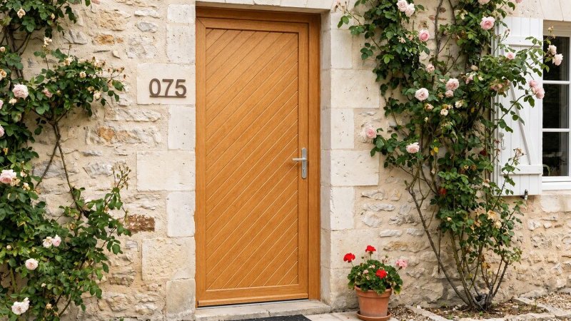 Porte d'entrée bois modèle 075 sur mesure — photo d'ambiance, chêne verni