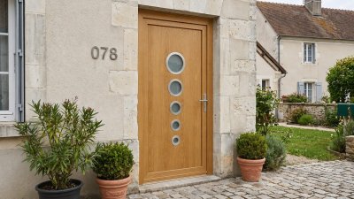 Porte d'Entrée Bois Sur Mesure – Semi-Vitrée Design, 5 Hublots Décroissants