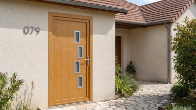 Porte d'entrée bois modèle 079 sur mesure — photo d'ambiance, chêne verni