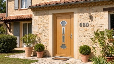 Porte d'entrée bois modèle 080 sur mesure — photo d'ambiance, chêne verni