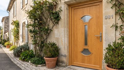 Porte d'entrée bois modèle 081 sur mesure — photo d'ambiance, chêne verni
