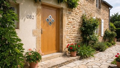 Porte d'entrée bois modèle 082 sur mesure — photo d'ambiance, chêne verni