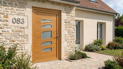 Porte d'entrée bois modèle 083 sur mesure — photo d'ambiance, chêne verni